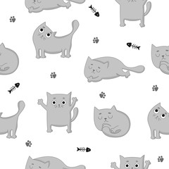 Vector cartoon seamless pattern with cute gray cats.