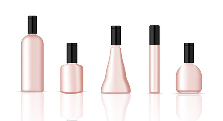 Mock up Realistic Plastic Rose Gold Packaging Product For Cosmetic Beauty, Perfume or Water Bottle isolated Background.