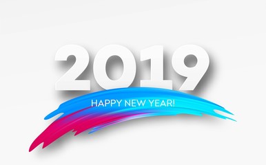 2019 New Year on the background of a colorful brushstroke oil or acrylic paint design element. Vector illustration