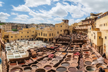 Leather dying in a traditional tannery in Fez, Morocco