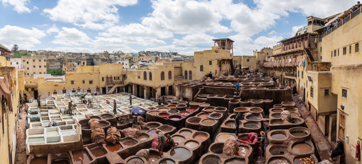 Leather dying in a traditional tannery in Fez, Morocco