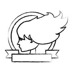 emblem with profile of a woman and decorative ribbon over white background, vector illustration