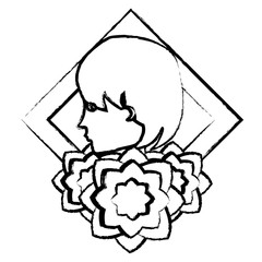 profile of a woman over decorative frame with flowers white background, vector illustration