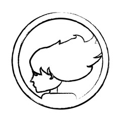 sketch of decorative circular frame with profile woman icon over white background, vector illustration