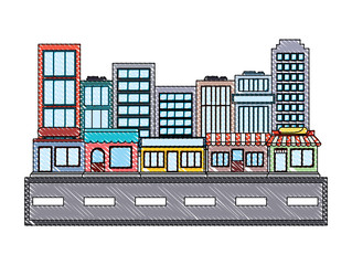 street with city buildings and stores over white background, colorful design. vector illustration