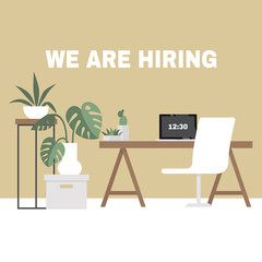We are hiring. Looking for an employee. HR. Human resources. Office interior. Flat editable vector illustration, clip art