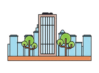 city building and trees over white background, colorful design. vector illustration