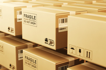 Cardboard Package and Label,3d cardboard boxes float in the air,The concept of express logistics.