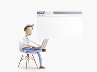 3d illustration. Businessman is sitting in the Internet browser