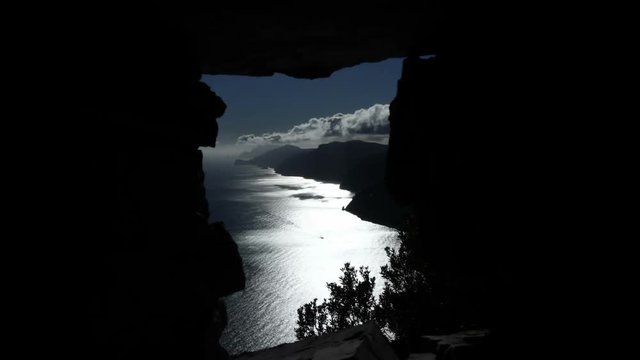 Time lapse of sunset on the path of the Gods with Faraglioni of Capri