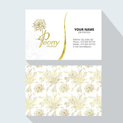 Peony logo.  Vector business cards design template with monogram letter P and gold peony  flowers on white background. Romantic design for natural cosmetics, perfume, women products. Peony studio.