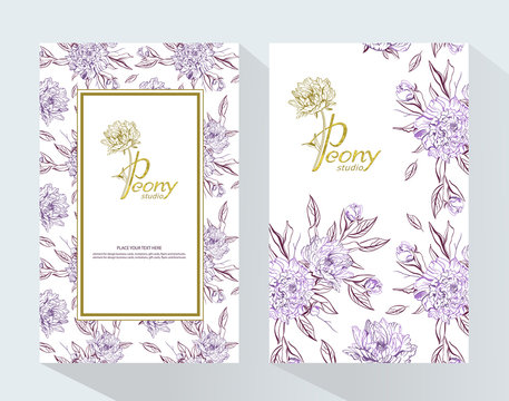 Peony Studio  packaging mock up set. Trendy luxury product branding template with label Peony. Romantic design for natural cosmetics, perfume, women products.