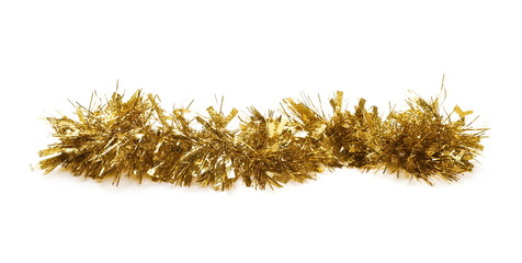 Golden, yellow tinsel, Christmas ornament, decoration, isolated on white background