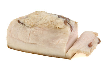 a piece of pork bacon on a white background