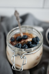 A healthy dessert  tiramisu with blueberries. 