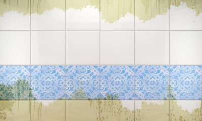 Pared de baldosas de baño con suciedad.Concepto de limpieza en el hogar.