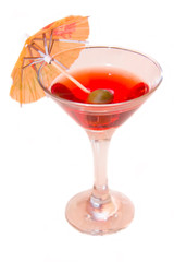 Red cocktail with umbrella on a white background