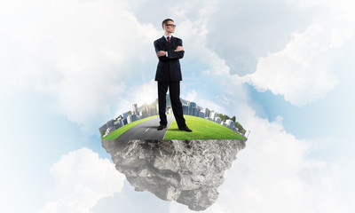 Confident boss and modern city as concept of eco green construction