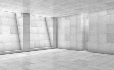 Abstract concrete showroom with columns. Modern geometric design. White floor and wall background. 3d rendering