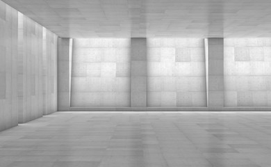 Abstract concrete showroom with columns. Modern geometric design. White floor and wall background. 3d rendering