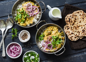 Indian dhal with jasmine rice, marinated red onion, coriander and whole grain flatbread on dark background, top view. Flat lay