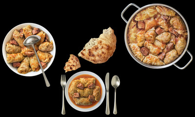 Traditional domestic pickled Cabbage rolls served with leavened Flatbread isolated on black background