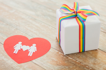 homosexual and lgbt concept - close up of gift box with gay pride awareness ribbon and female...