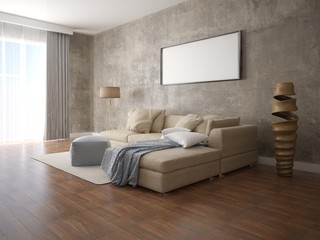 Mock up a modern living room with a large beige sofa and a stylish hipster background.