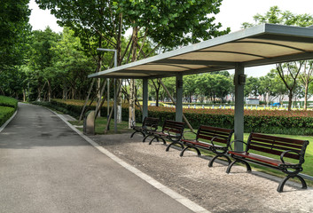 The road and the benches are in the park
