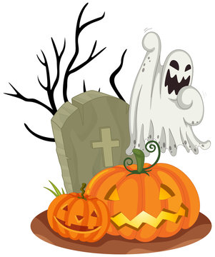Ghost at Graveyard on Halloween
