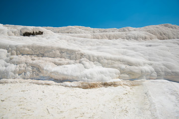 Panoramic view of Pammukale near modern city Denizli, Turkey. One of famous tourists place in Turkey.