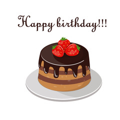 Cake with fresh berries and chocolate isolated on white background. Vector illustration