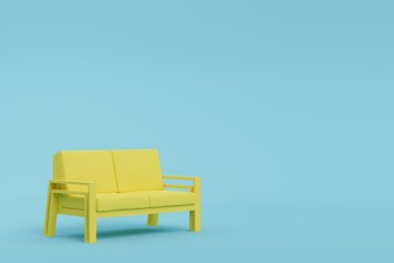 Yellow sofa in blue room, pastel color style. Minimal style concept.