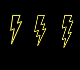 hot neon glowing lightning bolts vector.thunderbolt icon. Flash symbol illustration.Lighting Set. Electricity on black background.Yellow neon silhouette and light.sign of energy for decoration