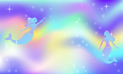 Obraz na płótnie Canvas Fairy space magic glow vector background with mermaids.Glowing beautiful universe.Rainbow mesh.Multicolor universe space banner in princess colors.Fantasy pink gradient backdrop graphics