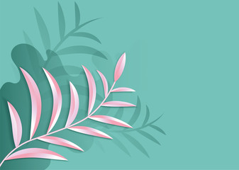 Paper art in 3d style abstract vector cut background.Line wave cover design for wallpaper.Origami modern template.Greeting card digital craft style.Geometric backdrop.Green tropical palm leaves.