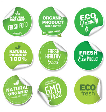 Collection of green labels and badges for organic and natural products