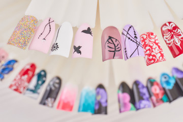 Fashion nails art design samples. Nails design examples on plastic tips. Design templates for beauty salon.