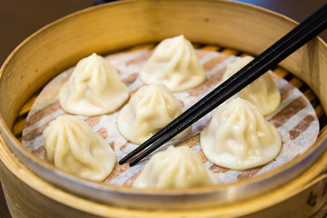 Chinese steamed dumplings in a steamer