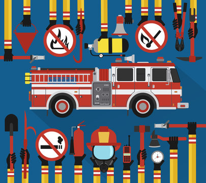 Fire Fighting infographic flat design with fire engine.Vector illustration