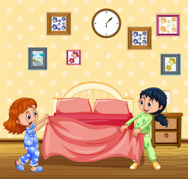 Children Making Bed in the Morning