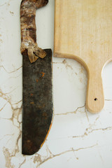 Vintage butcher cleaver and cutting board, space for text or menu