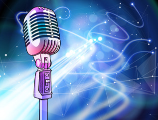 A professional microphone on a cold blue technological background is surrounded by a sound wave. Atmosphere of sound recording studio, chamber concert, night disco club or karaoke club / vector
