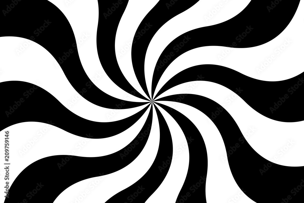 Wall mural black and white spiral background, swirling radial pattern, abstract vector illustration