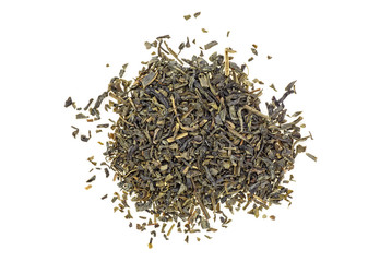 Heap of Chinese green tea, top view.