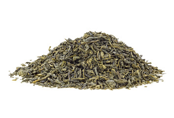 Pile of green tea leaves on a white background