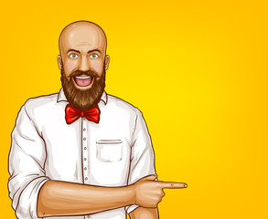 Vector pop art excited bald man with beard in white shirt points with finger at sales, discounts. Shocked, surprised character isolated on yellow background. Sale, ad poster, banner.