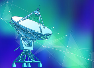 Satellite Dishes Antenna - doppler radar, digital wave and blue technology background - abstract illustration of science, astronomy, information technology, network solutions  and digital technologies