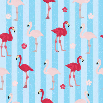 Seamless vectorial image with pink flamingos on blue striped background