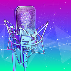 A professional microphone on a pink blue technological background is surrounded by a sound wave. Atmosphere of sound recording studio, chamber concert, night disco club or karaoke club / vector